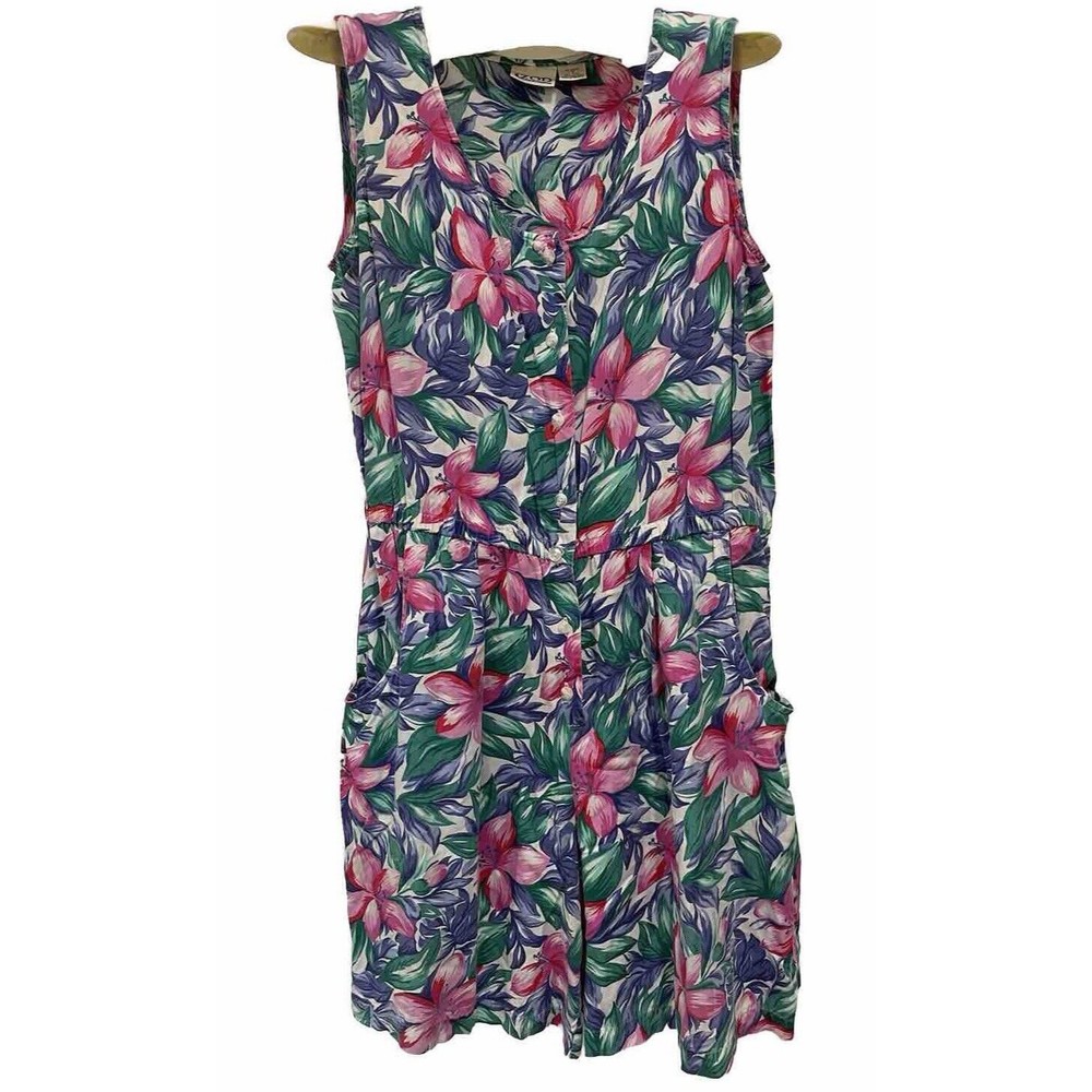 Vtg 80s 90s‎ Izod Women's 12 Short Romper Rayon Floral Teal Pink Button Pockets